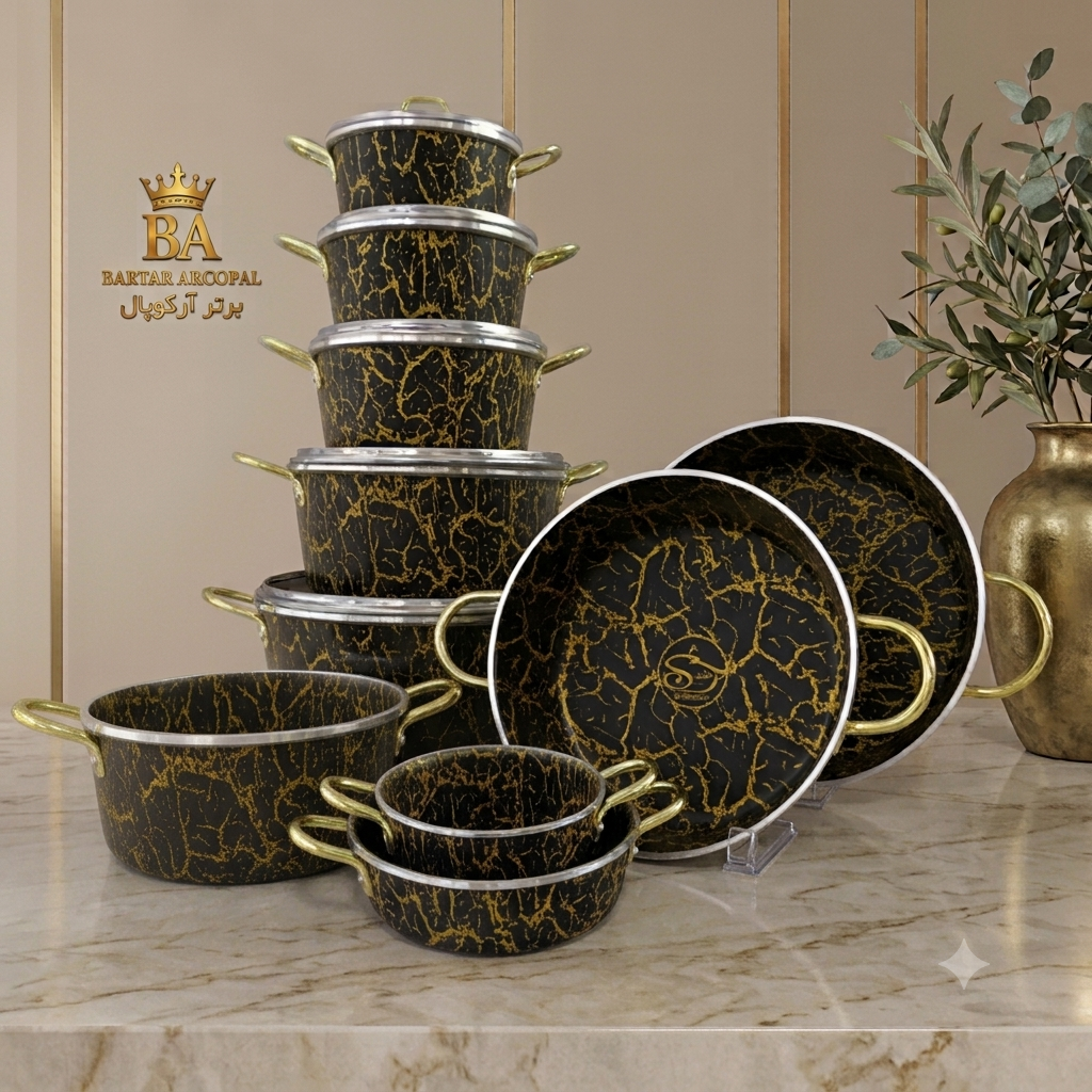 سرویس قابلمه ۱۵ پارچه ماربل مشکی طلایی کوشا