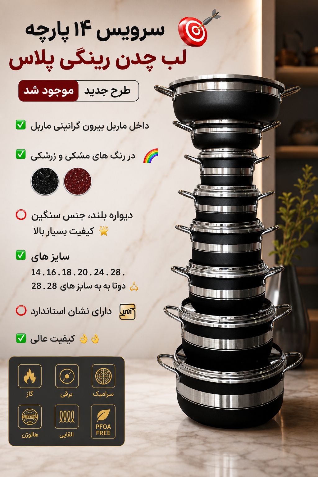سرویس قابلمه ۱4 پارچه رینگی فورج پلاس رنگ مشکی