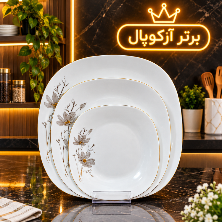 سرویس آرکوپال ۲۶ پارچه مربع ژالین طوسی لب طلا برند مقصود