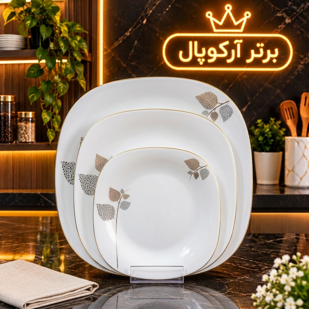 سرویس آرکوپال ۲۶ پارچه مربع شاخه نبات لب طلا برند مقصود