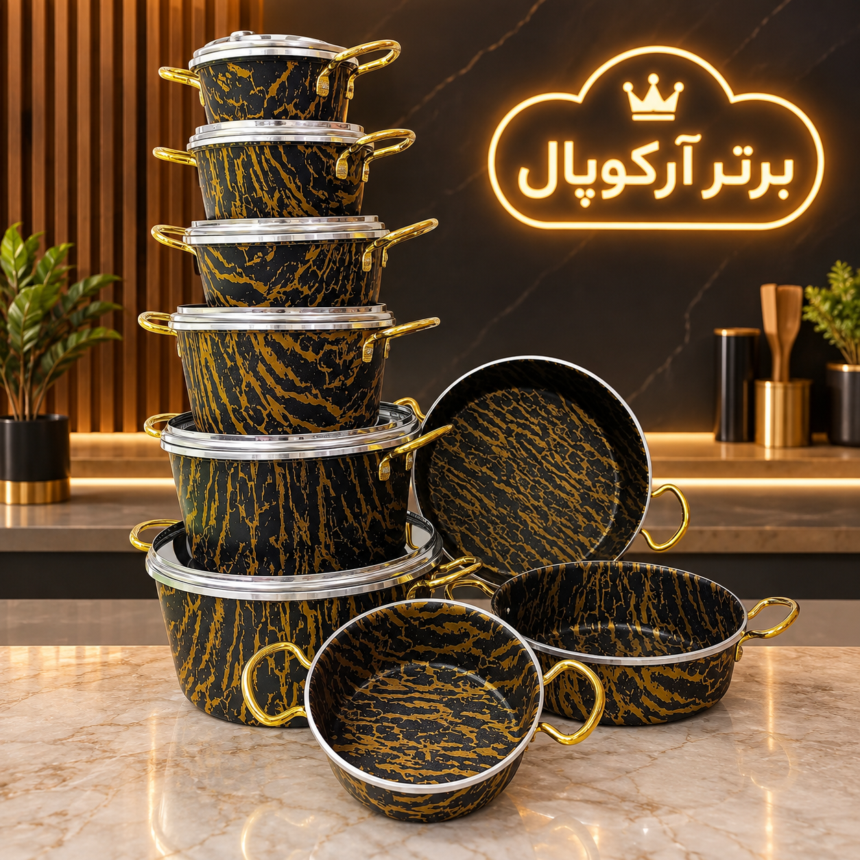 سرویس قابلمه ۲۰ پارچه طرح سنگ مشکی طلایی اوپال