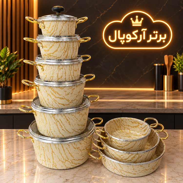 سرویس قابلمه ۲۰ پارچه طرح سنگ کرم طلایی اوپال