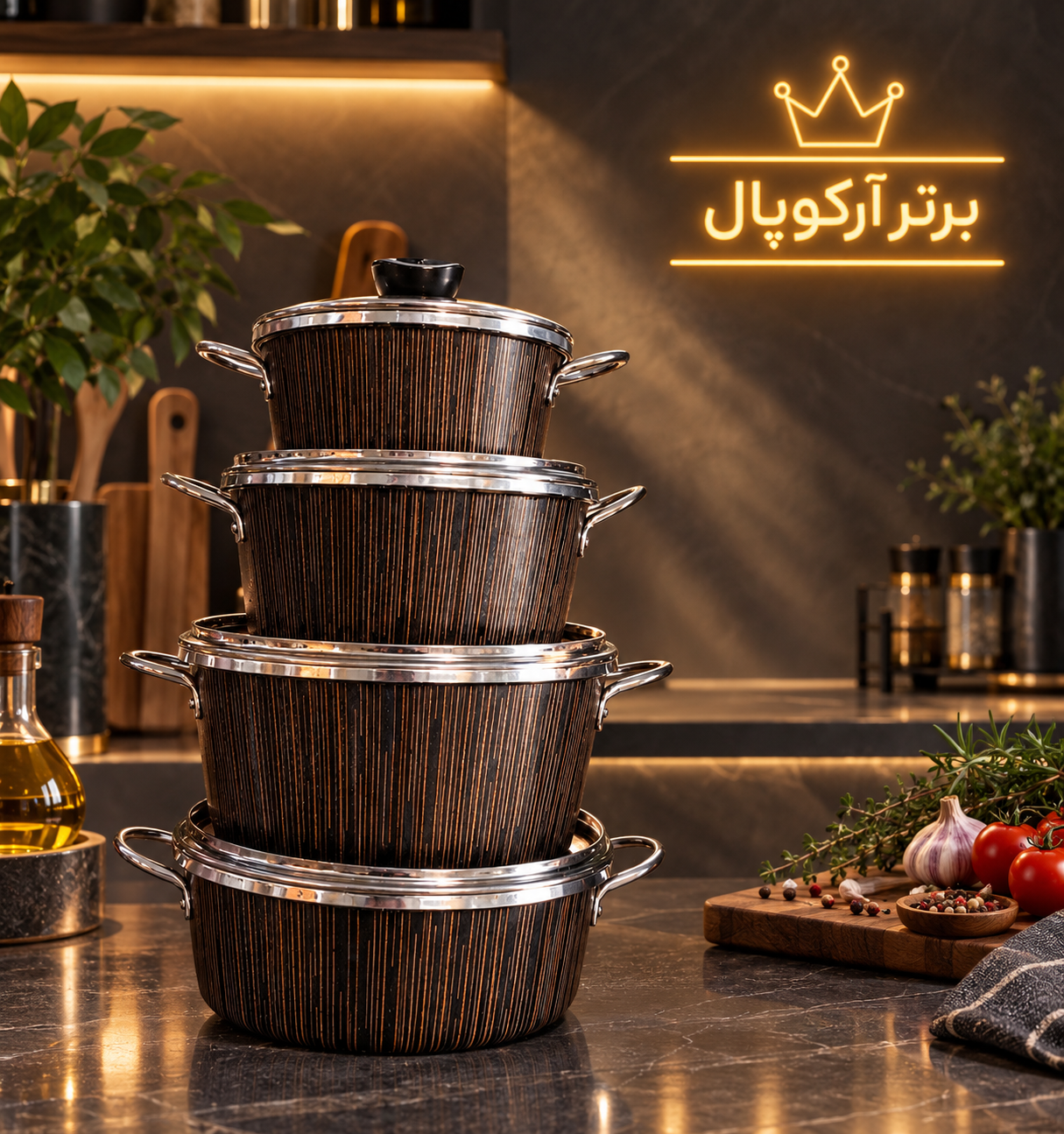 سرویس قابلمه 7 پارچه ماربل طرح چوب اپیروس رنگ مشکی طلایی