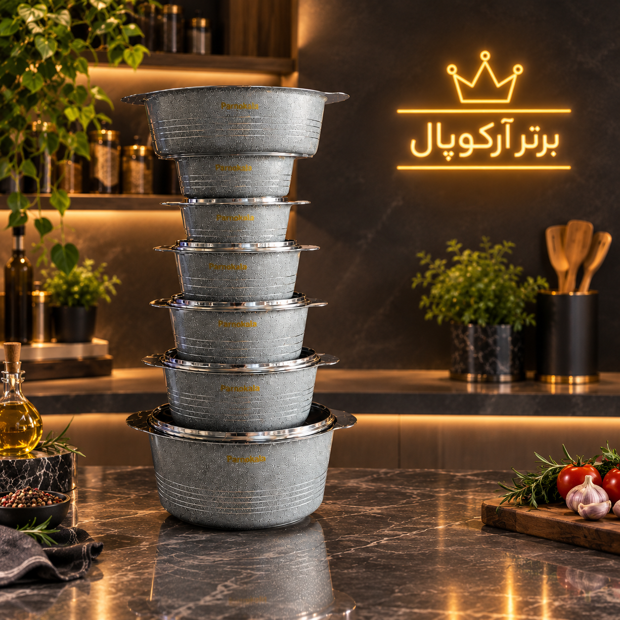 سرویس قابلمه ۱۴ پارچه دسته پروانه ای کارن پرتو کالا رنگ طوسی